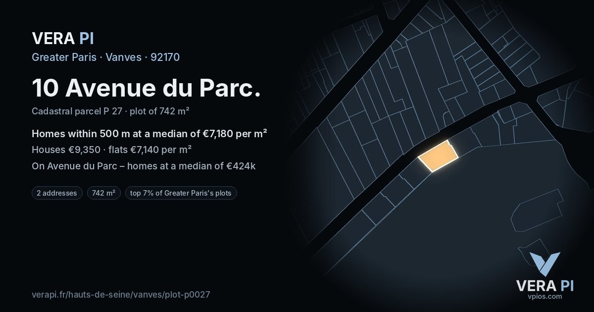 10 Avenue du Parc, Vanves at night – the plot lit, the parcels around coloured by the prices near them