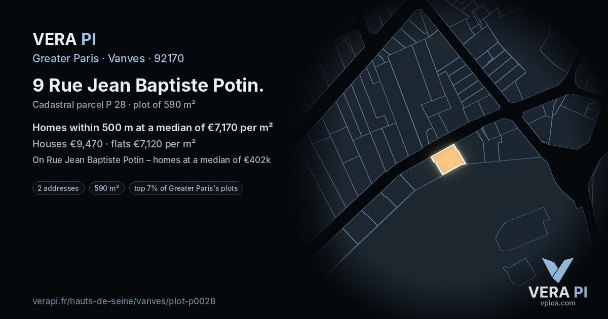 9 Rue Jean Baptiste Potin, Vanves at night – the plot lit, the parcels around coloured by the prices near them