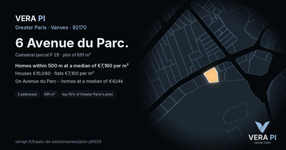6 Avenue du Parc, Vanves at night – the plot lit, the parcels around coloured by the prices near them