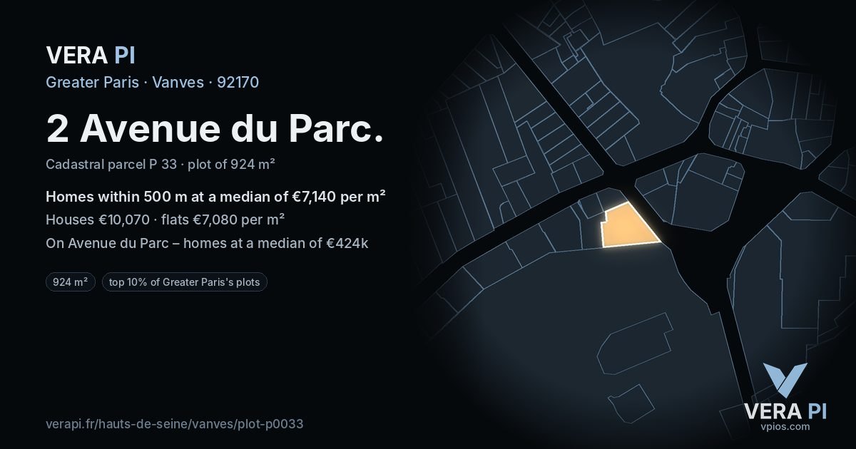2 Avenue du Parc, Vanves at night – the plot lit, the parcels around coloured by the prices near them