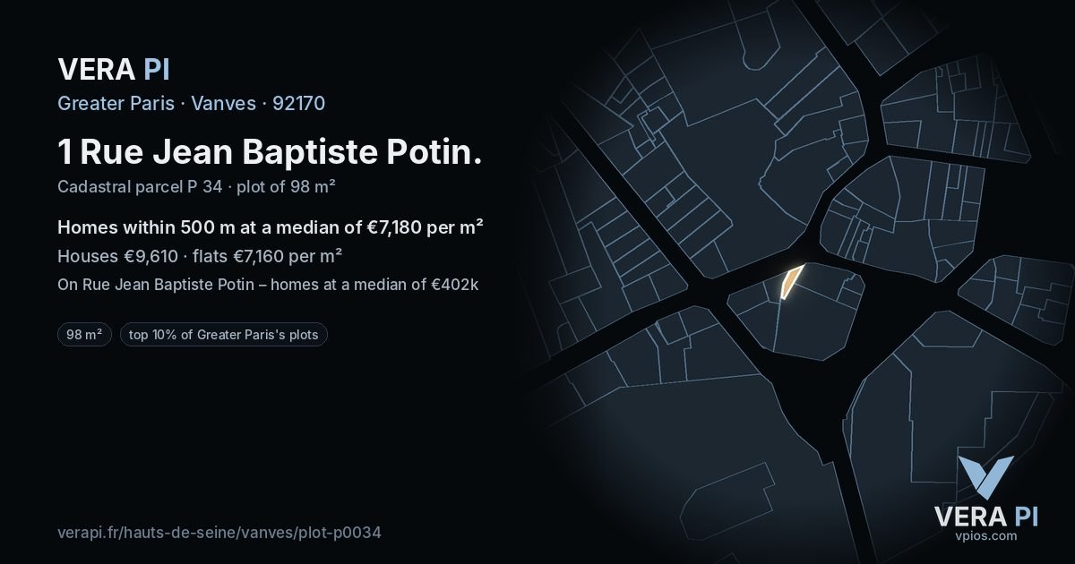 1 Rue Jean Baptiste Potin, Vanves at night – the plot lit, the parcels around coloured by the prices near them