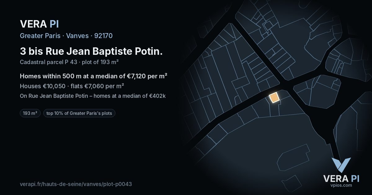 3 bis Rue Jean Baptiste Potin, Vanves at night – the plot lit, the parcels around coloured by the prices near them