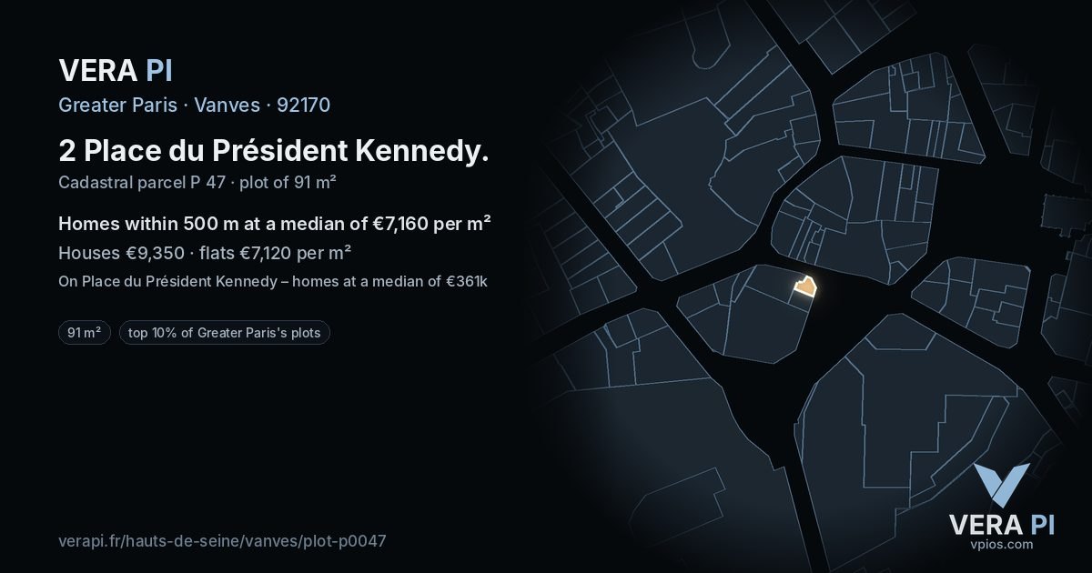 2 Place du Président Kennedy, Vanves at night – the plot lit, the parcels around coloured by the prices near them