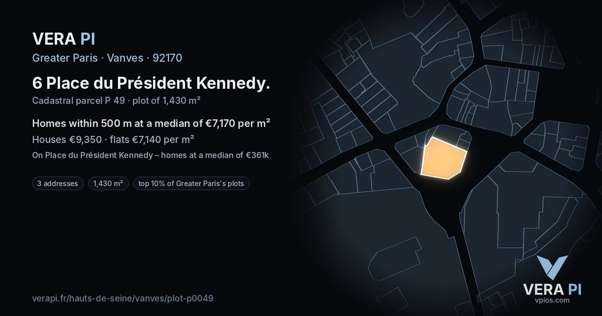 6 Place du Président Kennedy, Vanves at night – the plot lit, the parcels around coloured by the prices near them