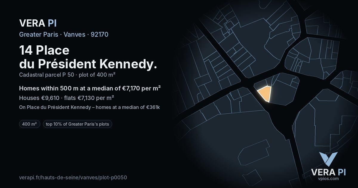 14 Place du Président Kennedy, Vanves at night – the plot lit, the parcels around coloured by the prices near them