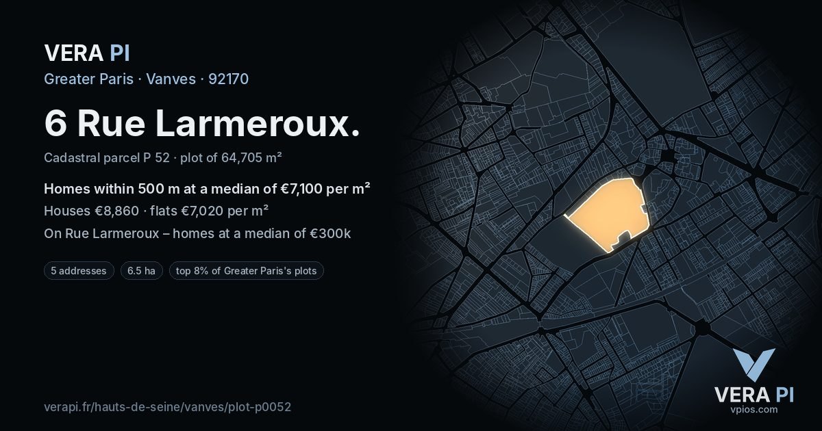 6 Rue Larmeroux, Vanves at night – the plot lit, the parcels around coloured by the prices near them