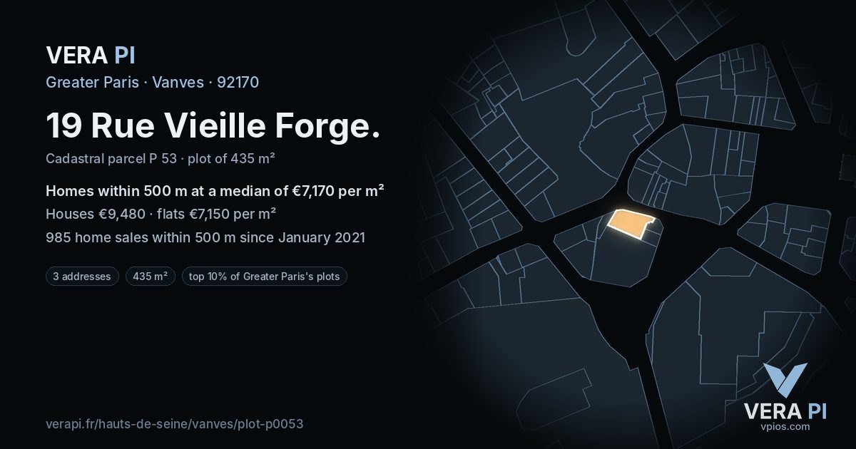 19 Rue Vieille Forge, Vanves at night – the plot lit, the parcels around coloured by the prices near them