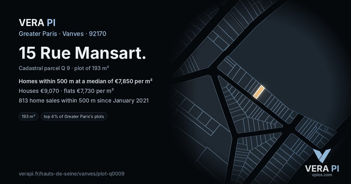 15 Rue Mansart, Vanves at night – the plot lit, the parcels around coloured by the prices near them