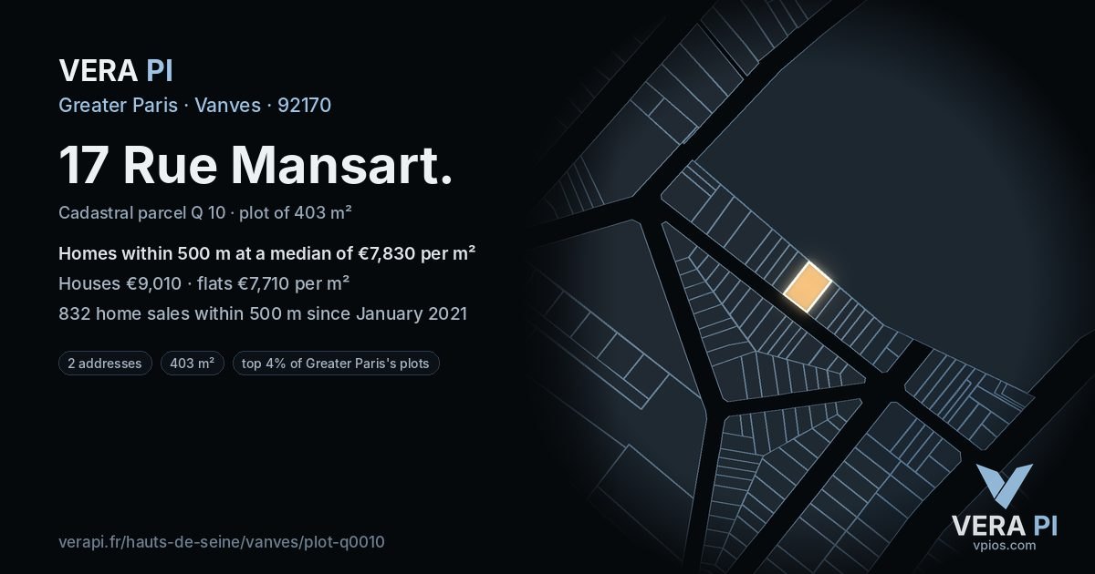 17 Rue Mansart, Vanves at night – the plot lit, the parcels around coloured by the prices near them