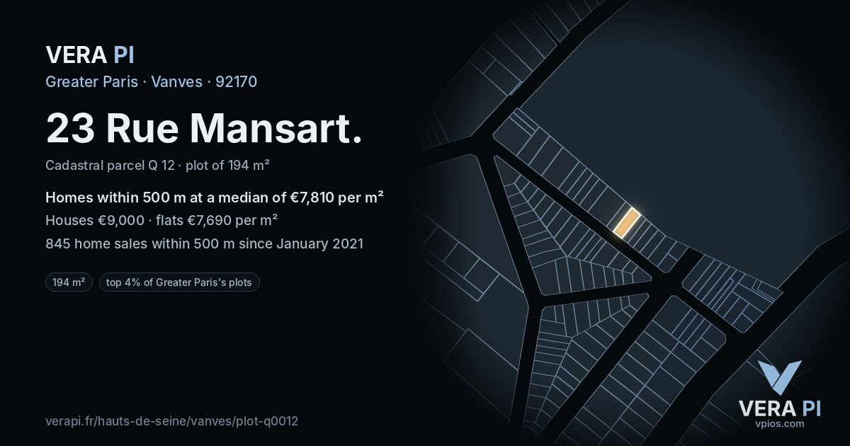 23 Rue Mansart, Vanves at night – the plot lit, the parcels around coloured by the prices near them