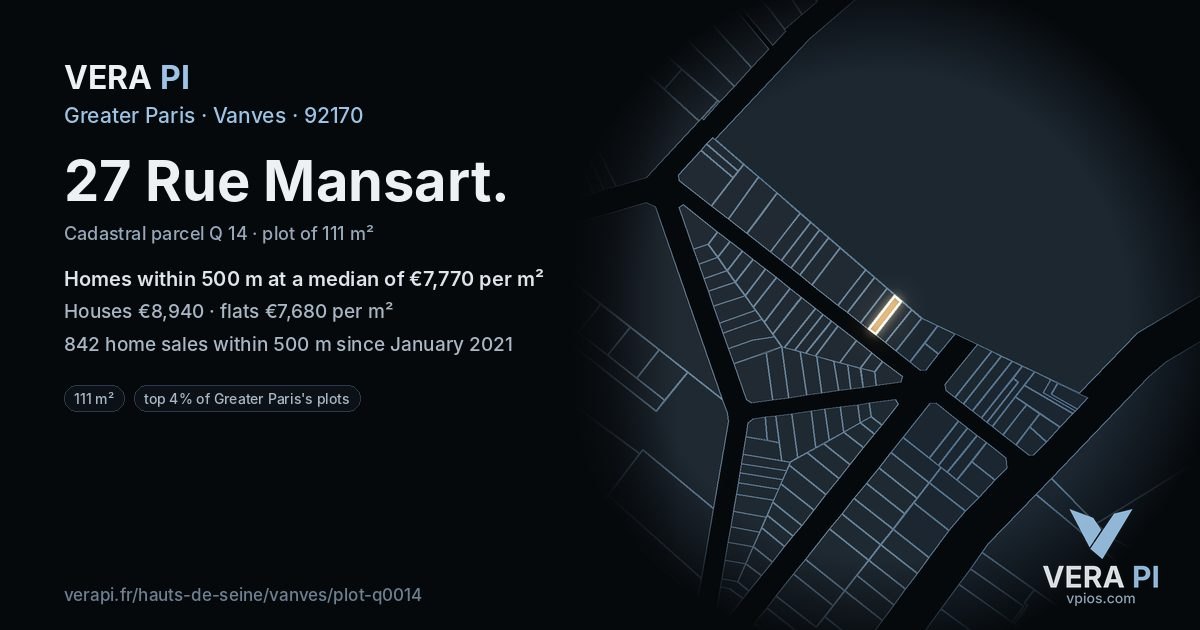 27 Rue Mansart, Vanves at night – the plot lit, the parcels around coloured by the prices near them