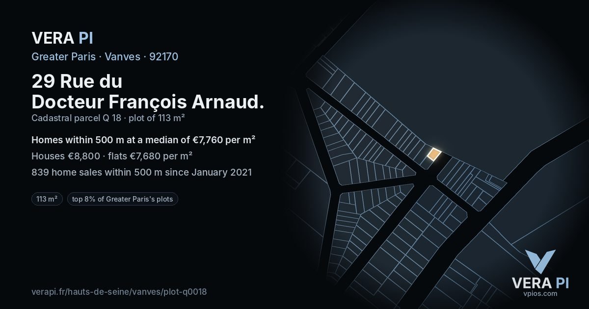 29 Rue du Docteur François Arnaud, Vanves at night – the plot lit, the parcels around coloured by the prices near them