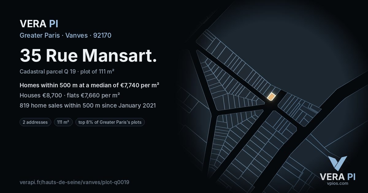 35 Rue Mansart, Vanves at night – the plot lit, the parcels around coloured by the prices near them
