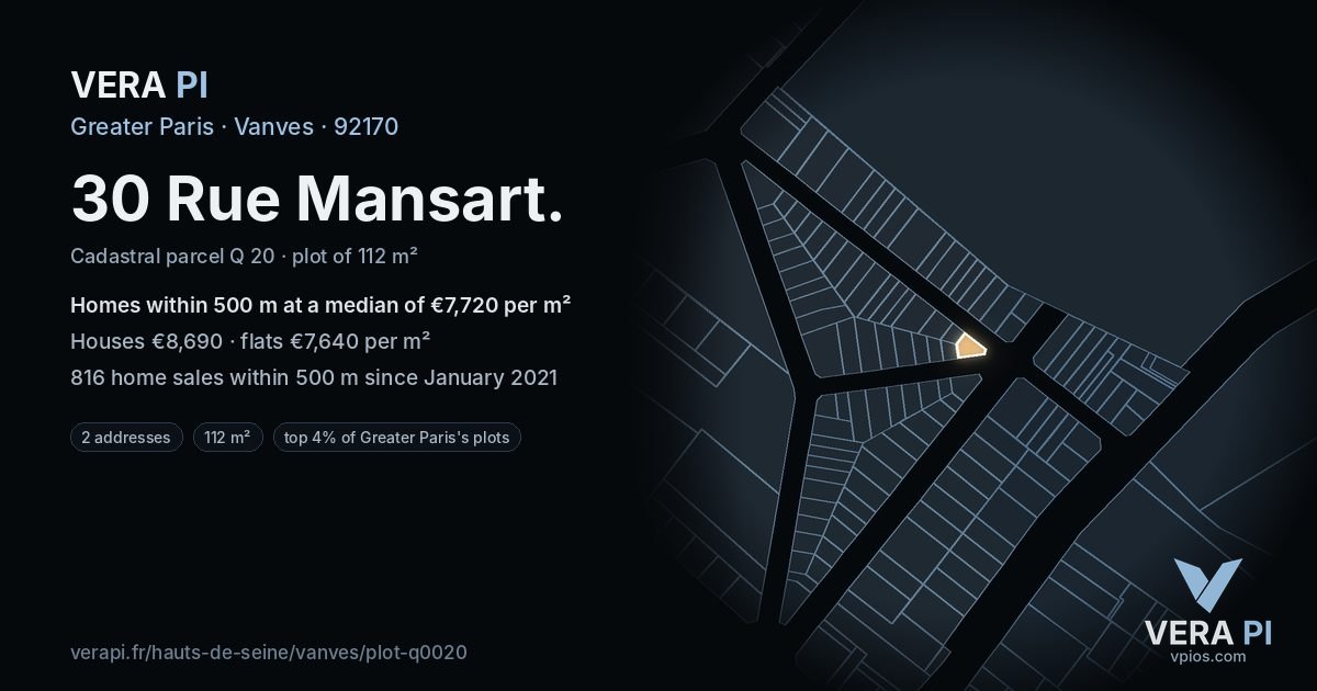 30 Rue Mansart, Vanves at night – the plot lit, the parcels around coloured by the prices near them