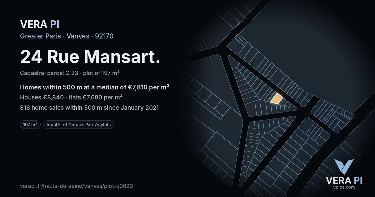 24 Rue Mansart, Vanves at night – the plot lit, the parcels around coloured by the prices near them