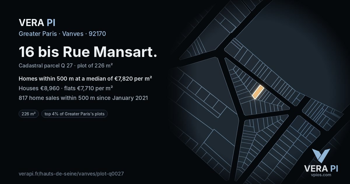 16 bis Rue Mansart, Vanves at night – the plot lit, the parcels around coloured by the prices near them