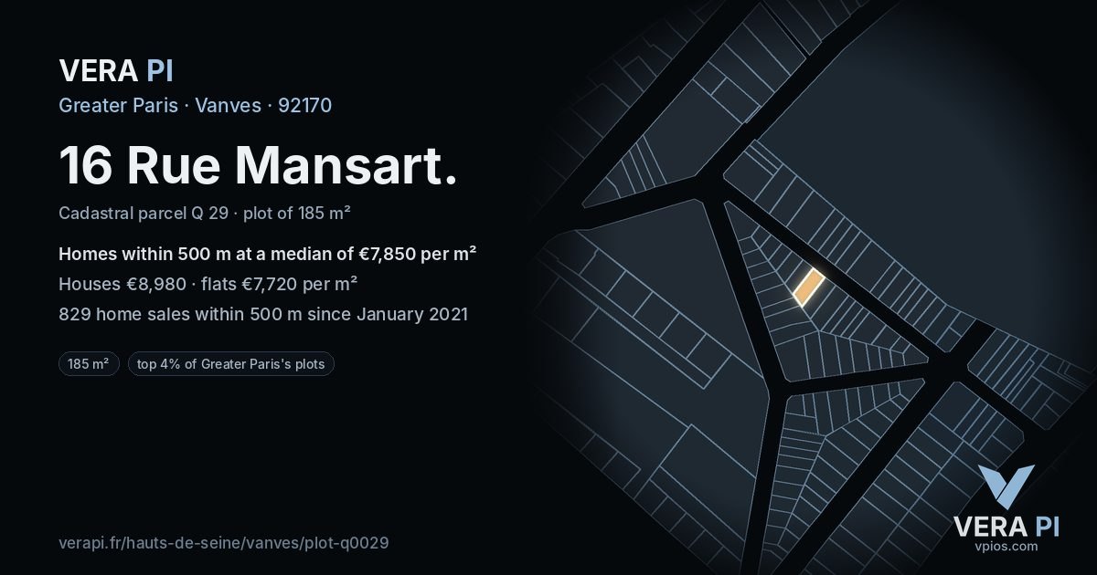 16 Rue Mansart, Vanves at night – the plot lit, the parcels around coloured by the prices near them
