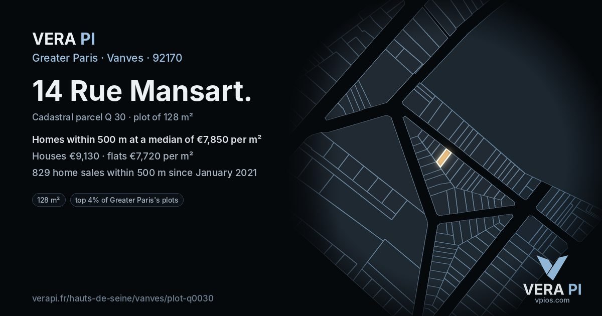 14 Rue Mansart, Vanves at night – the plot lit, the parcels around coloured by the prices near them