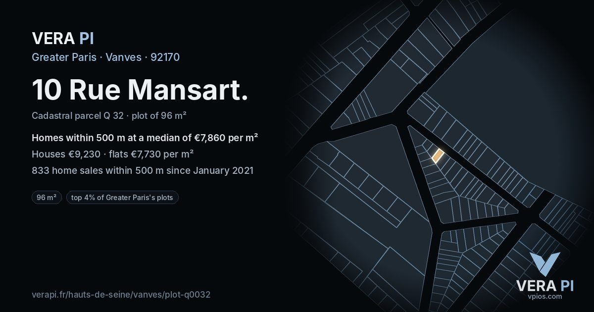 10 Rue Mansart, Vanves at night – the plot lit, the parcels around coloured by the prices near them