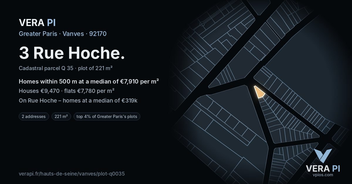 3 Rue Hoche, Vanves at night – the plot lit, the parcels around coloured by the prices near them
