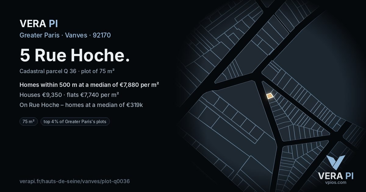 5 Rue Hoche, Vanves at night – the plot lit, the parcels around coloured by the prices near them