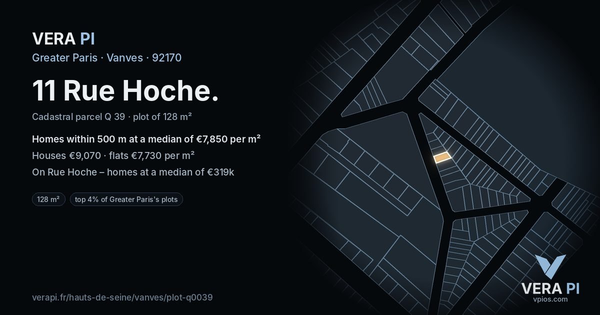 11 Rue Hoche, Vanves at night – the plot lit, the parcels around coloured by the prices near them