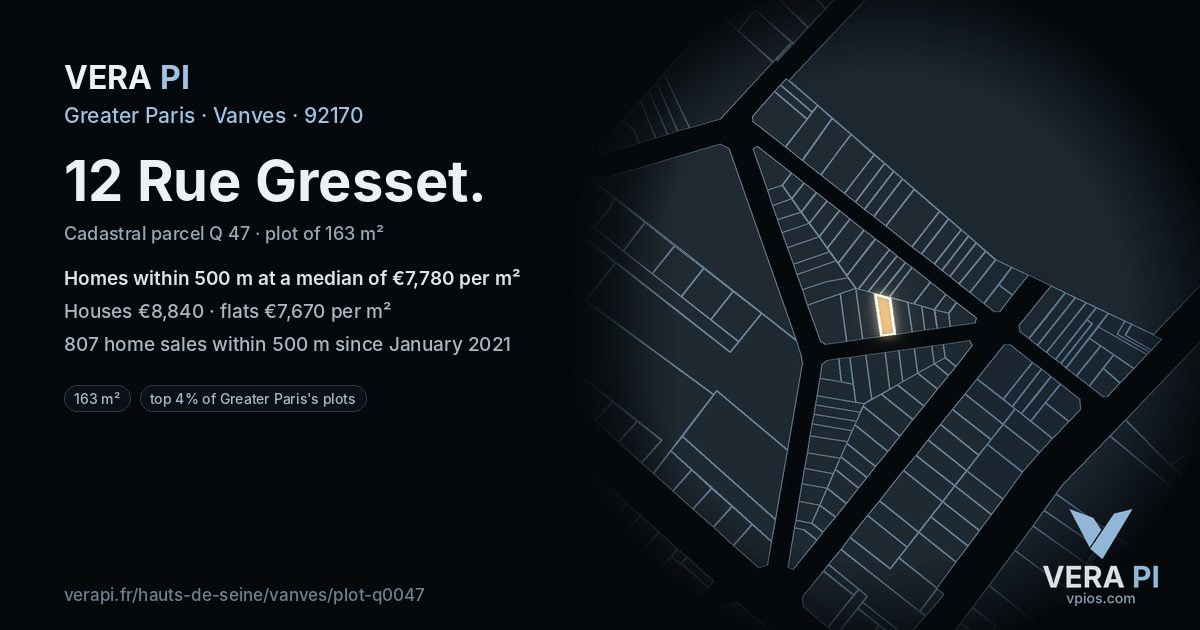 12 Rue Gresset, Vanves at night – the plot lit, the parcels around coloured by the prices near them