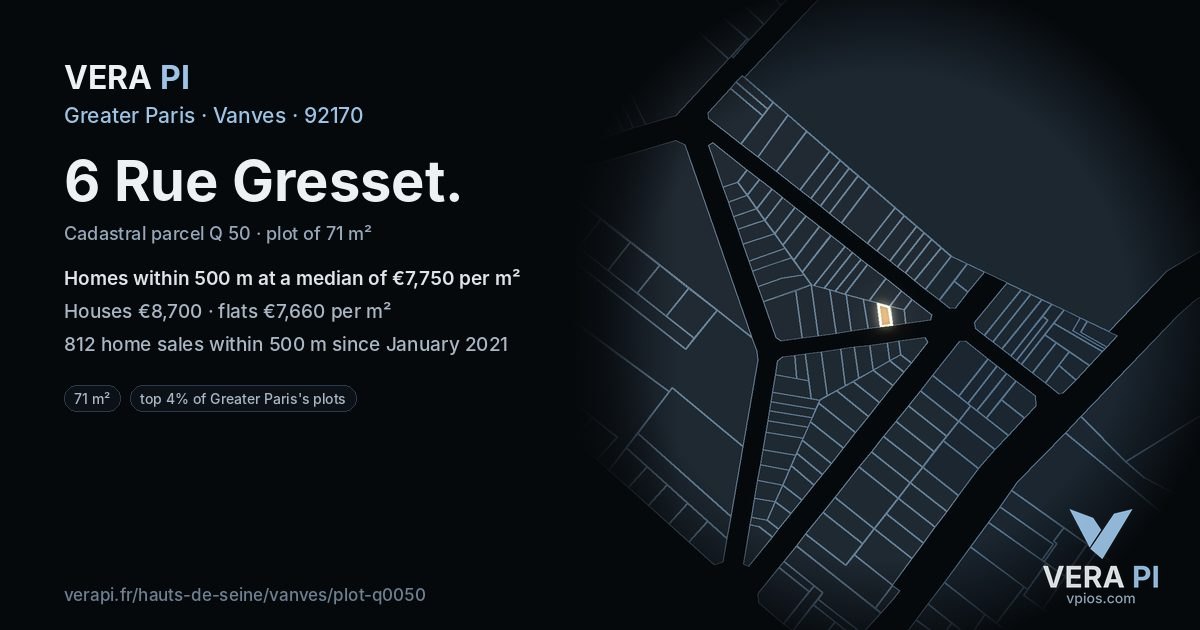 6 Rue Gresset, Vanves at night – the plot lit, the parcels around coloured by the prices near them