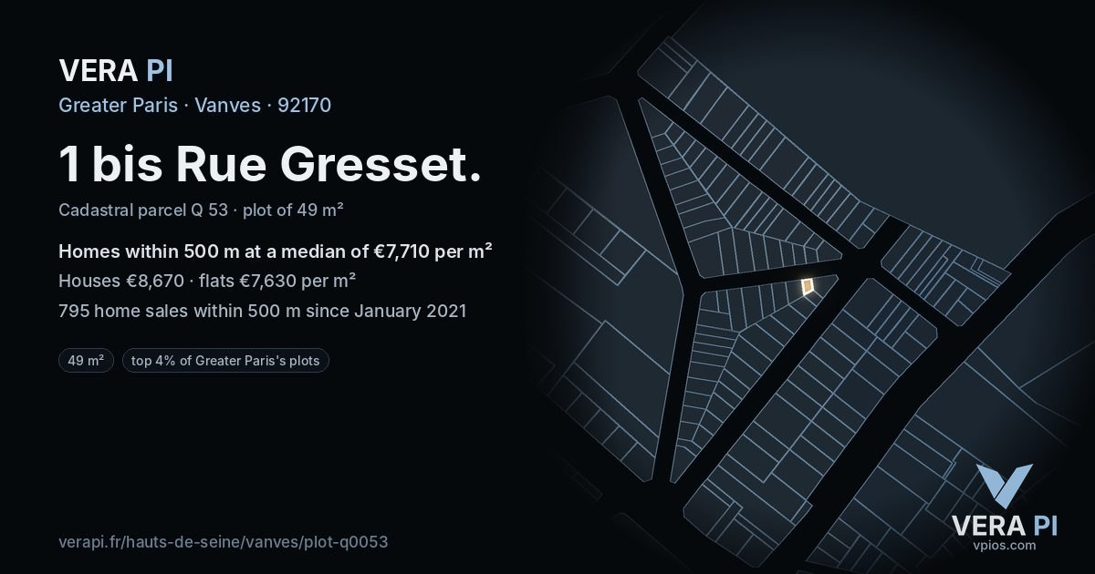 1 bis Rue Gresset, Vanves at night – the plot lit, the parcels around coloured by the prices near them