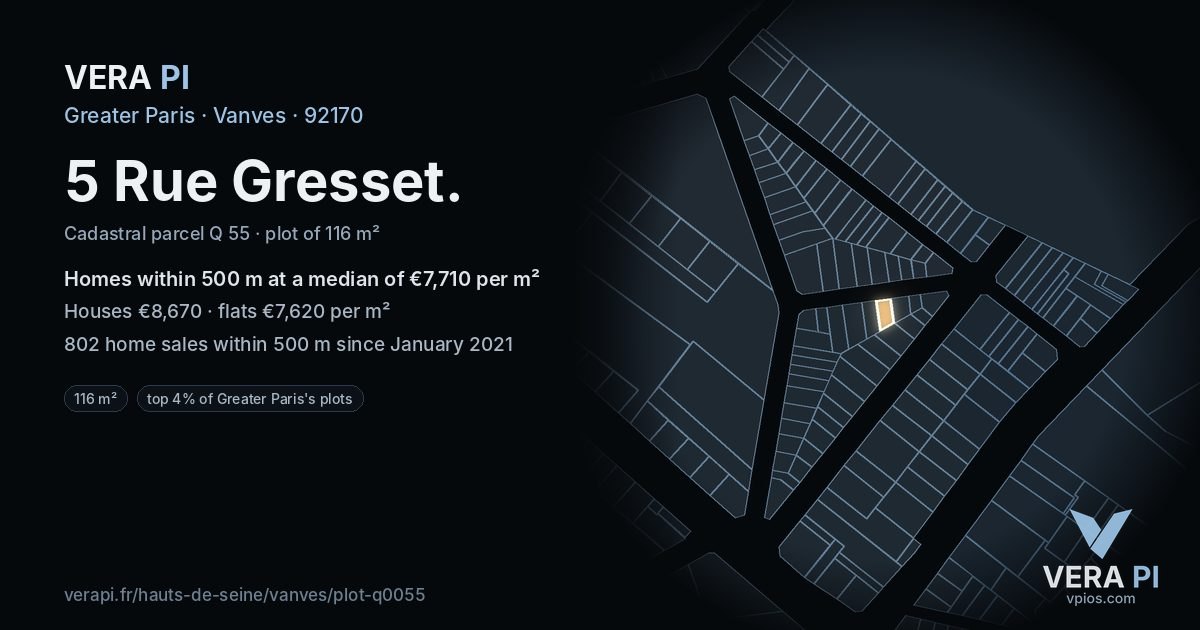 5 Rue Gresset, Vanves at night – the plot lit, the parcels around coloured by the prices near them
