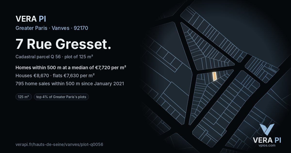 7 Rue Gresset, Vanves at night – the plot lit, the parcels around coloured by the prices near them