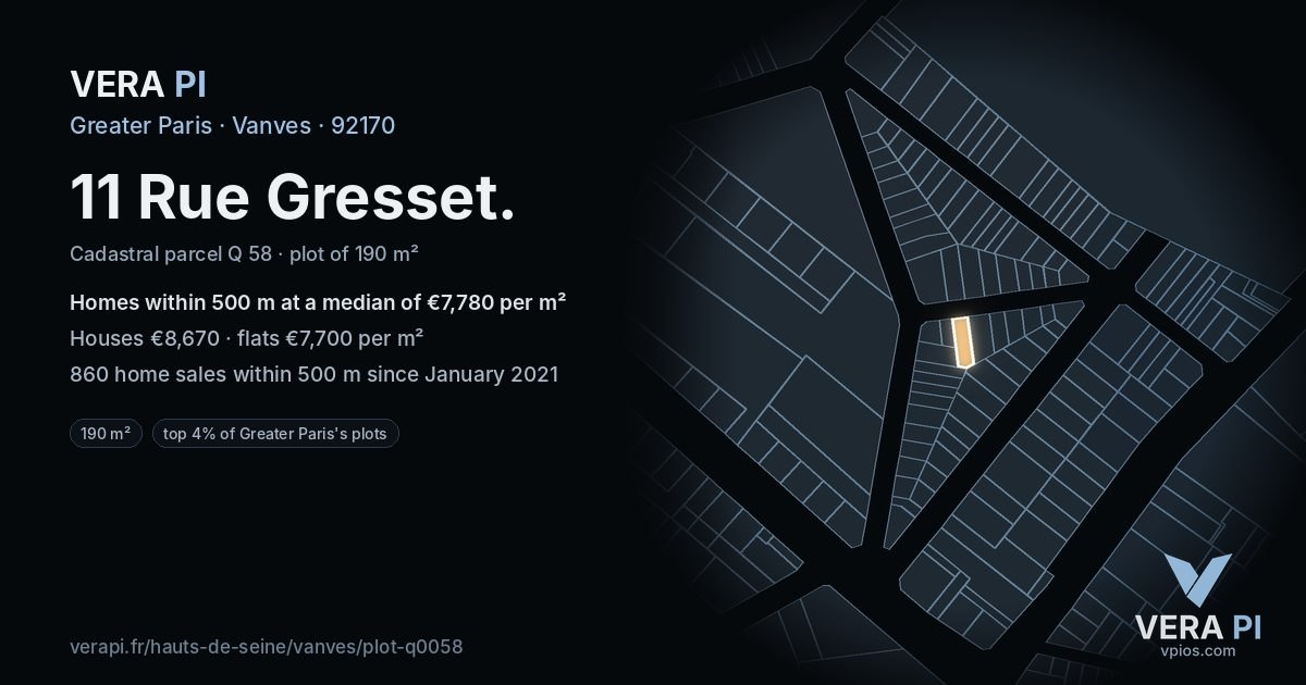 11 Rue Gresset, Vanves at night – the plot lit, the parcels around coloured by the prices near them