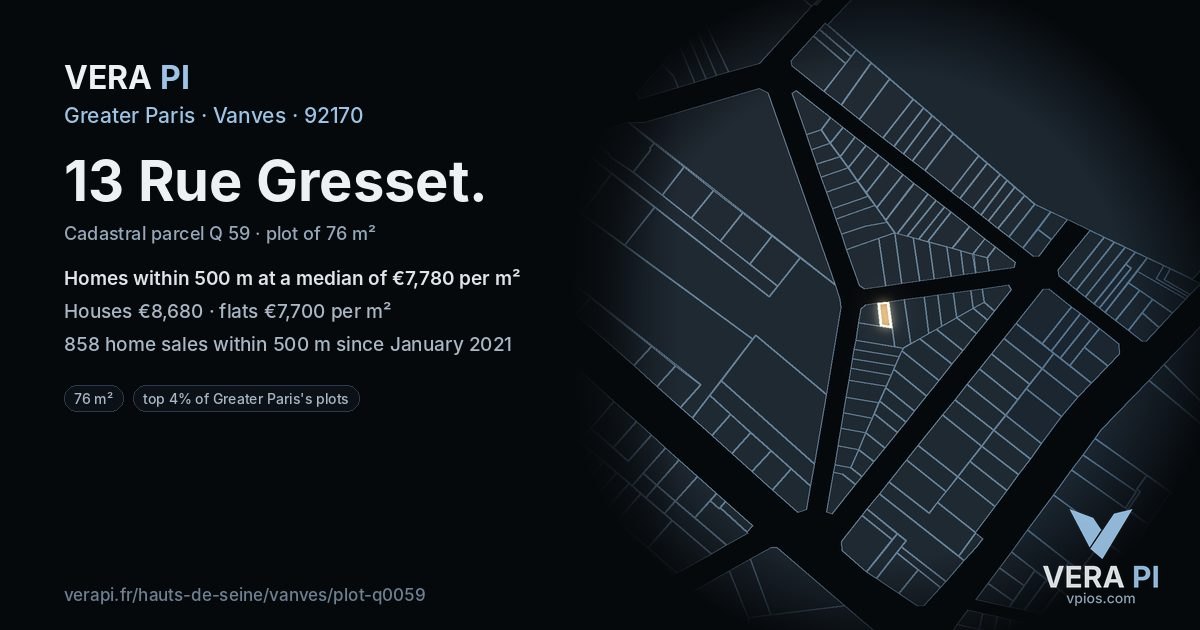 13 Rue Gresset, Vanves at night – the plot lit, the parcels around coloured by the prices near them