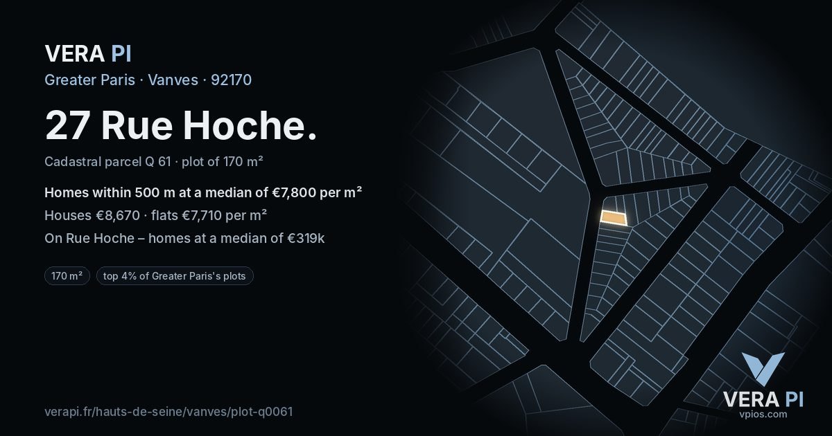 27 Rue Hoche, Vanves at night – the plot lit, the parcels around coloured by the prices near them