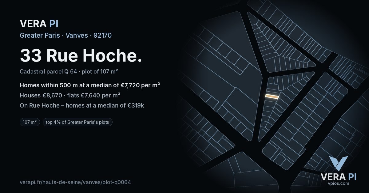33 Rue Hoche, Vanves at night – the plot lit, the parcels around coloured by the prices near them