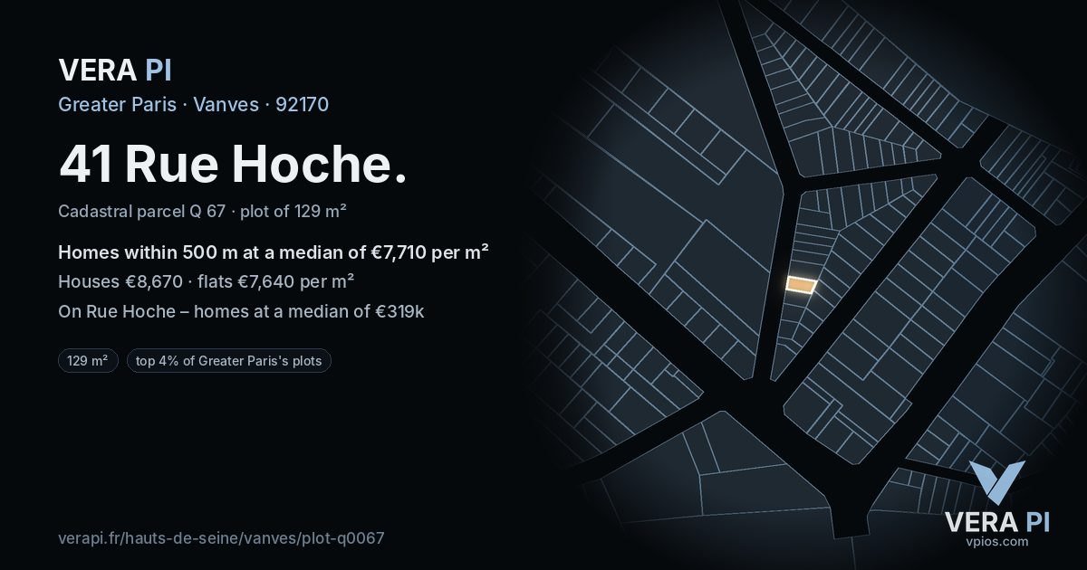 41 Rue Hoche, Vanves at night – the plot lit, the parcels around coloured by the prices near them