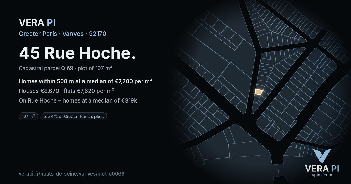 45 Rue Hoche, Vanves at night – the plot lit, the parcels around coloured by the prices near them