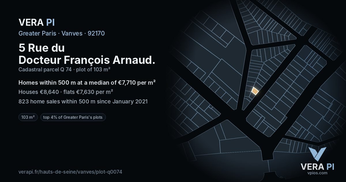 5 Rue du Docteur François Arnaud, Vanves at night – the plot lit, the parcels around coloured by the prices near them
