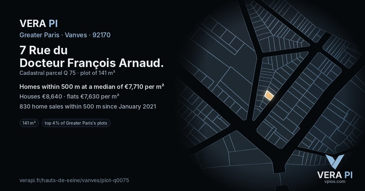 7 Rue du Docteur François Arnaud, Vanves at night – the plot lit, the parcels around coloured by the prices near them