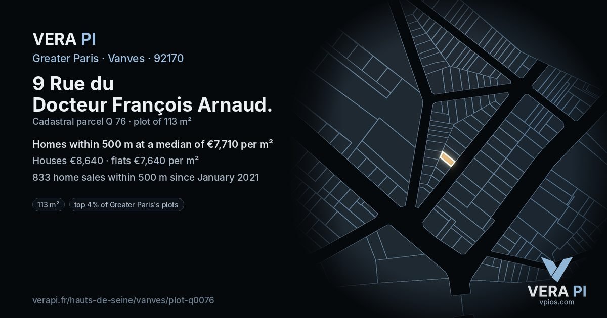 9 Rue du Docteur François Arnaud, Vanves at night – the plot lit, the parcels around coloured by the prices near them