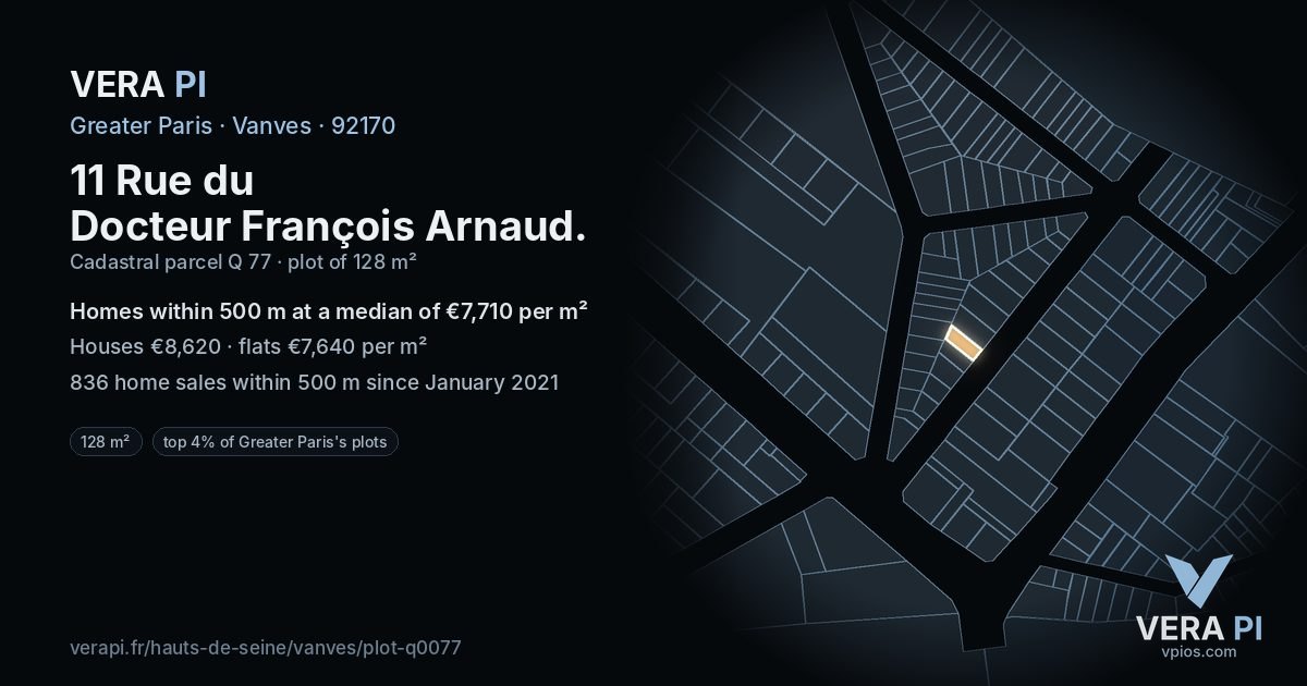 11 Rue du Docteur François Arnaud, Vanves at night – the plot lit, the parcels around coloured by the prices near them