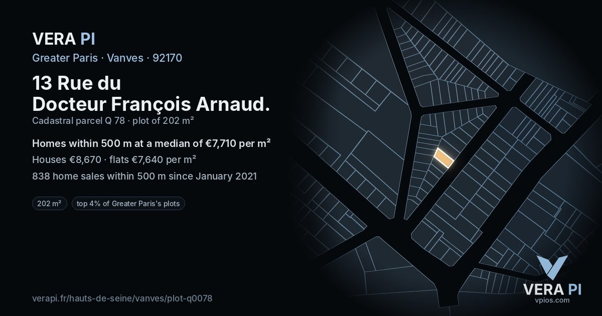 13 Rue du Docteur François Arnaud, Vanves at night – the plot lit, the parcels around coloured by the prices near them
