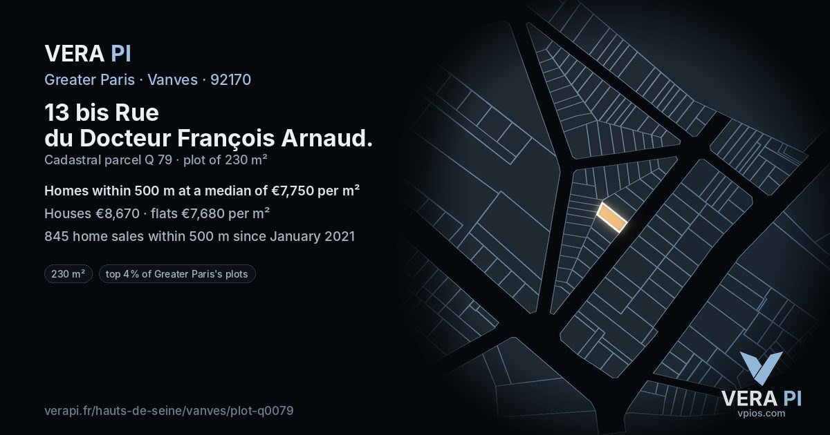 13 bis Rue du Docteur François Arnaud, Vanves at night – the plot lit, the parcels around coloured by the prices near them