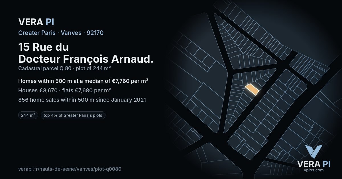 15 Rue du Docteur François Arnaud, Vanves at night – the plot lit, the parcels around coloured by the prices near them