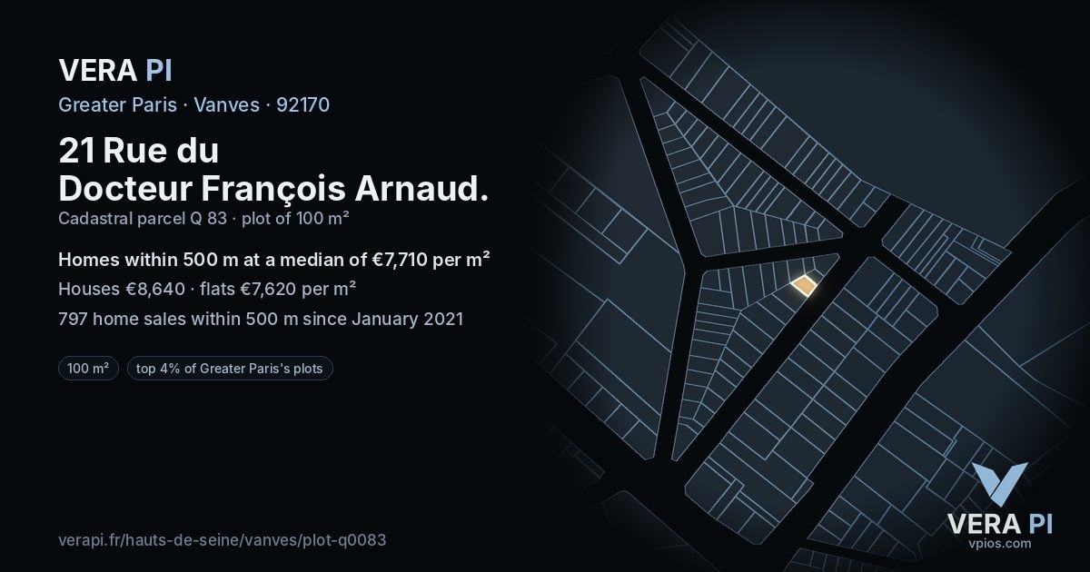 21 Rue du Docteur François Arnaud, Vanves at night – the plot lit, the parcels around coloured by the prices near them