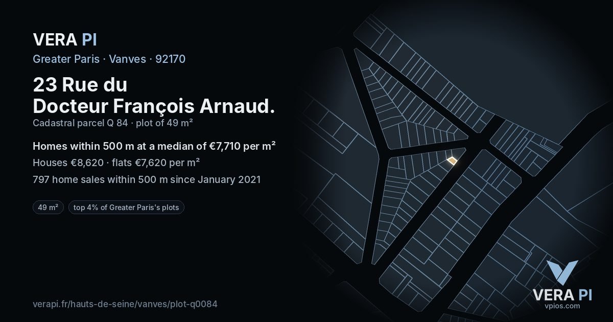 23 Rue du Docteur François Arnaud, Vanves at night – the plot lit, the parcels around coloured by the prices near them