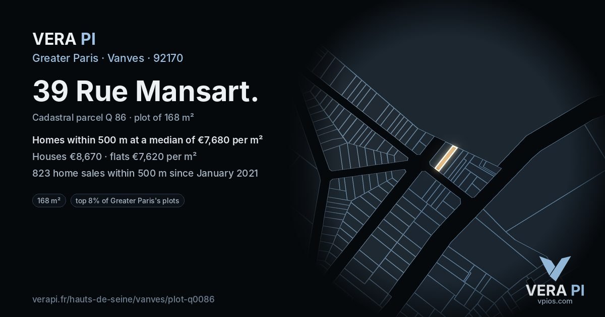 39 Rue Mansart, Vanves at night – the plot lit, the parcels around coloured by the prices near them