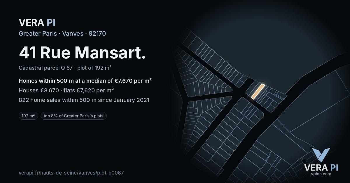 41 Rue Mansart, Vanves at night – the plot lit, the parcels around coloured by the prices near them