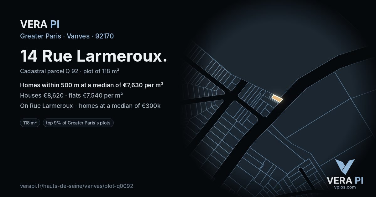 14 Rue Larmeroux, Vanves at night – the plot lit, the parcels around coloured by the prices near them