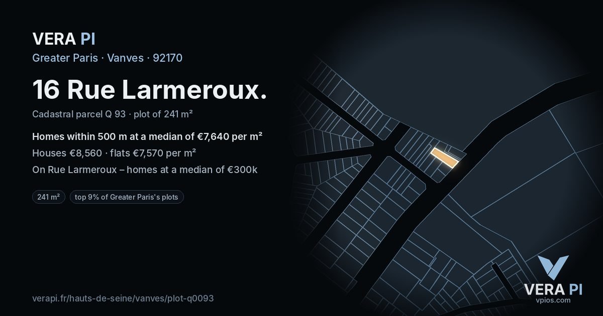 16 Rue Larmeroux, Vanves at night – the plot lit, the parcels around coloured by the prices near them